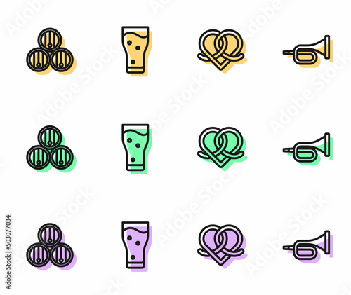 Set line Pretzel, Wooden barrel, Glass of beer and Trumpet icon. Vector