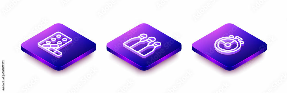 Set Isometric line Sports doping with dumbbell, Bowling and Stopwatch icon. Vector Set Isometric line Sports doping with dumbbell, Bowling and Stopwatch icon. Vector