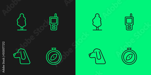 Set line Compass, Hunting dog, Tree and Walkie talkie icon. Vector