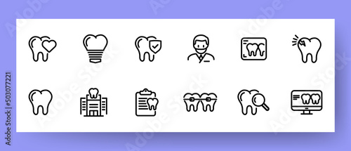 Dentistry set icon. Tooth, treatment, dentist, x-ray, braces, caries, health, doctor, etc. Health care concept. Vector line icon for Business and Advertising