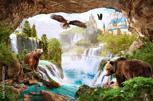 Photo wallpapers. Digital mural. Bears at the old castle with waterfalls. photo