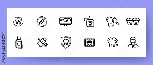Dentistry set icon. Tooth, treatment, dentist, x-ray, braces, caries, health, doctor, toothpaste, certificate, spray, breath freshener. Vector line icon for Business and Advertising
