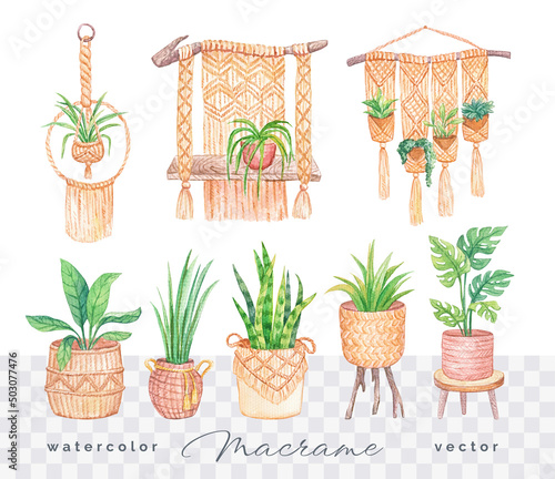 Watercolor hand drawn macrame with flowers, isolated vector illustration