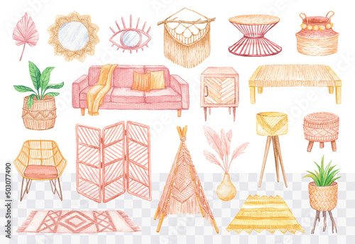 Watercolor hand drawn cozy home interior decoration set