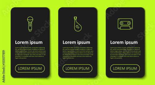 Set line Microphone, Bandura and Retro audio cassette tape. Business infographic template. Vector