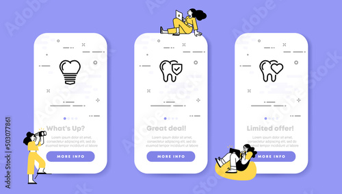 Dentistry set icon. Tooth with carving, heart, tick. Treatment, teeth whitening. Health care concept. UI phone app screens with people. Vector line icon for Business and Advertising
