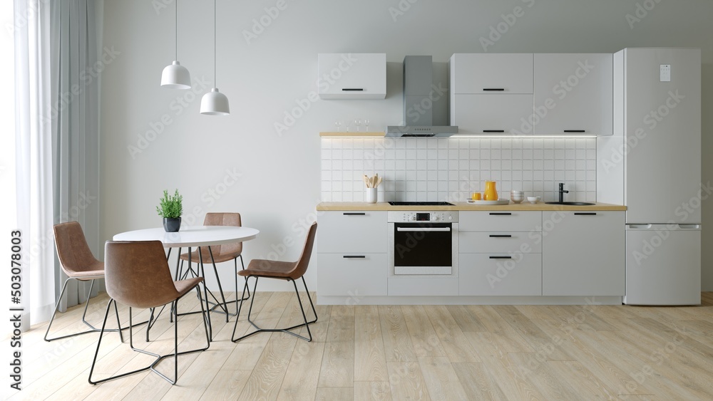 Fototapeta premium Kitchen interier. 3D rendering of a bright kitchen.