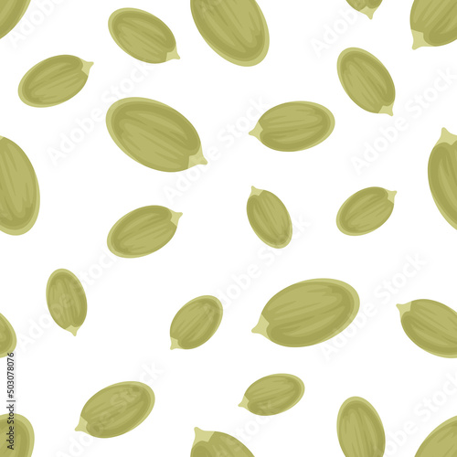 Pumpkin seeds background. Seamless pattern with peeled pumpkin kernels isolated on white. Vector flat food illustration.