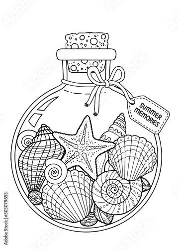 Vector Coloring book page for adult. Set of seashell in a glass bottle for summer memories