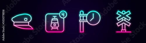 Set line Train driver hat, Online ticket booking, station clock and Railroad crossing. Glowing neon icon. Vector