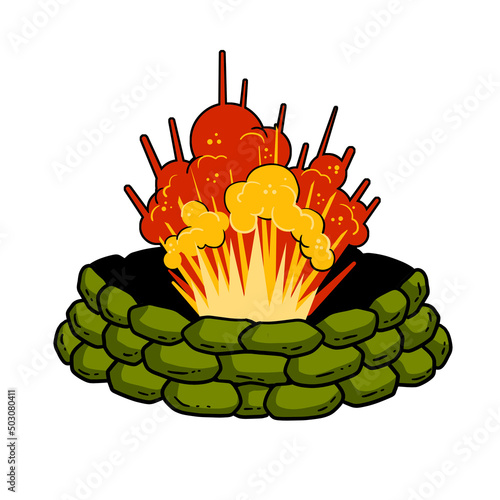 Explosion in barricades. Military operations and sandbag fortifications. Assault and war. Modern conflict.