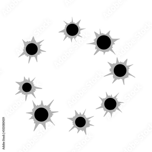 Bullet holes. Torn of gunshot hitting the wall. Template of shooting.