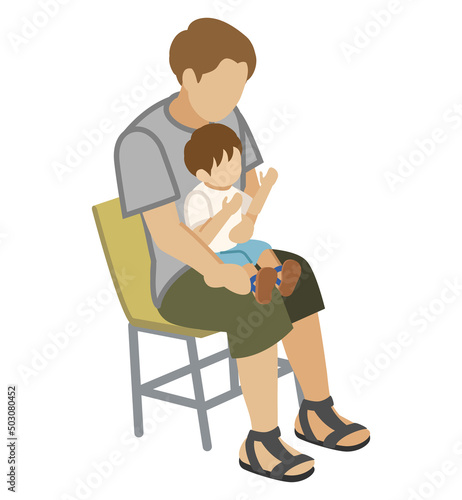 Man sitting in a chair with a child in her arms - Summer fashion