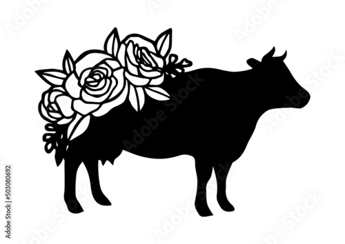 cow with flowers  black clip art