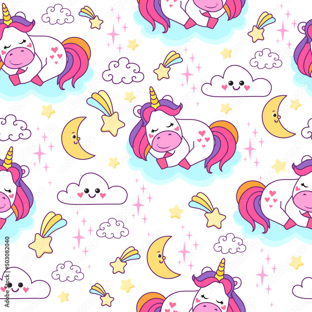 Fototapeta premium colorful seamless patterns with unicorns in cartoon style for kids. vector illustration