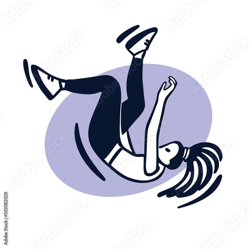 Girl break dancer performing stunts. B-girl jumping. Street dance flip move. Black and white character on lilac circle background. Sketch style vector design illustrations.