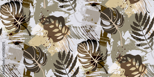 Beautiful seamless vector floral pattern background with palm tropical leaves and abstract forms. Abstract geometric texture. Perfect for wallpapers, web page backgrounds, surface textures, textile