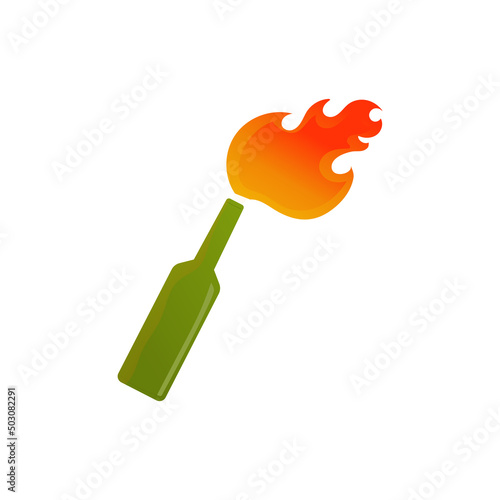 Bottle with molotov cocktail with fire in cartoon style isolated on white background, stop war in Ukraine