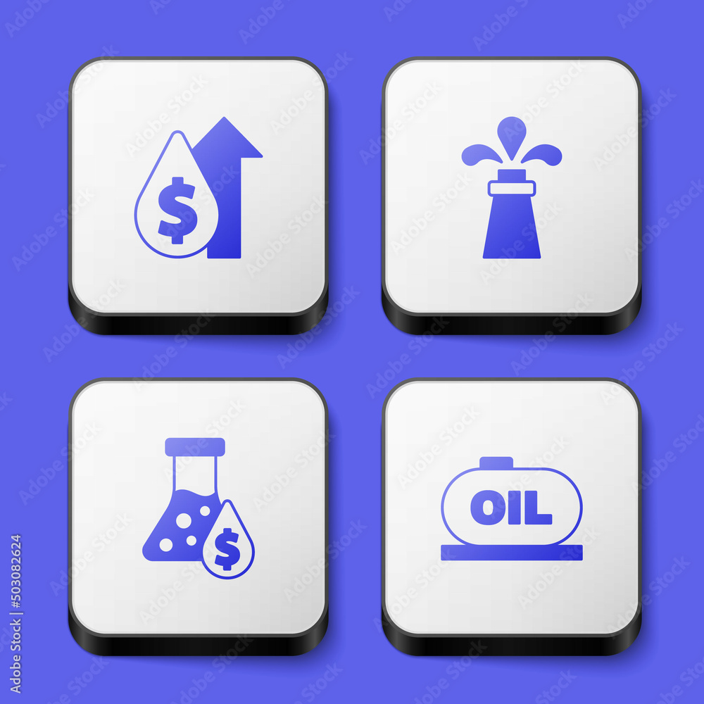 Set Oil price increase, rig, petrol test tube and tank storage icon. White square button. Vector Set Oil price increase, rig, petrol test tube and tank storage icon. White square button. Vector