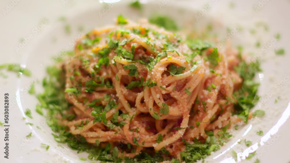 Closeup of the spaghetti pasta with parsley and cheese Closeup of the spaghetti pasta with parsley and cheese