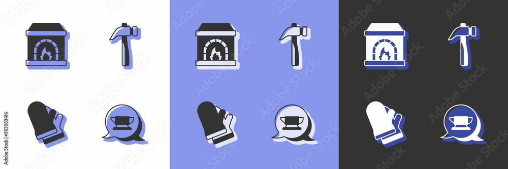 Set Blacksmith anvil tool, oven, Protective gloves and Hammer icon. Vector Set Blacksmith anvil tool, oven, Protective gloves and Hammer icon. Vector