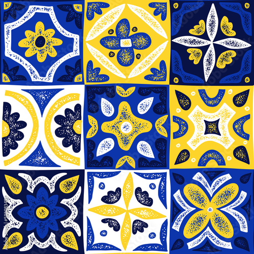 Portuguese Azulejos tile seamless pattern. Hand draw abstract floral design. Vector textured background.