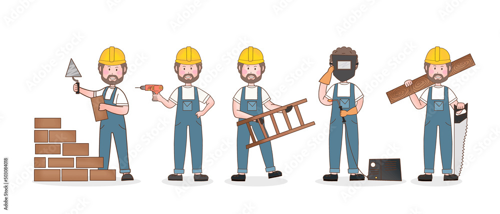 Naklejka premium Builders and construction industry character set, home masters and repairman working in helmets and workwear standing with tools