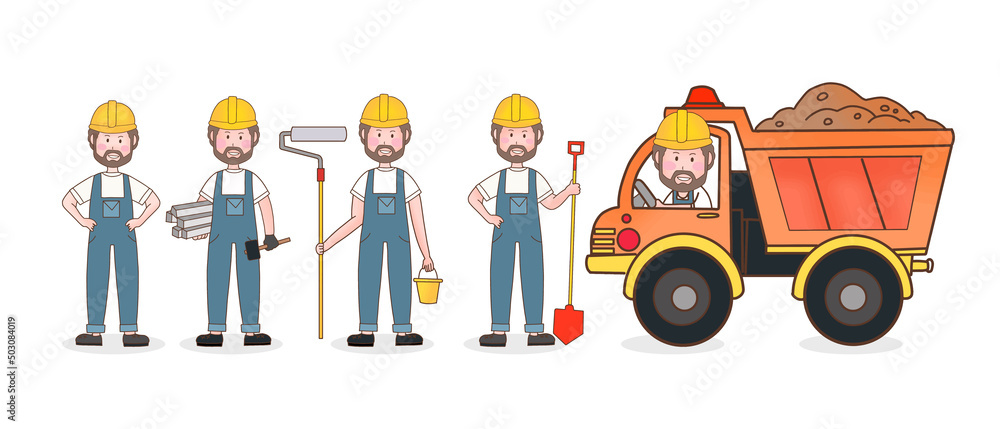 Builders and construction industry character set, home masters and repairman working in helmets and workwear standing with tools Builders and construction industry character set, home masters and repairman working in helmets and workwear standing with tools