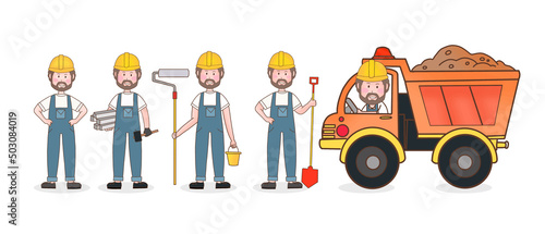 Builders and construction industry character set, home masters and repairman working in helmets and workwear standing with tools
