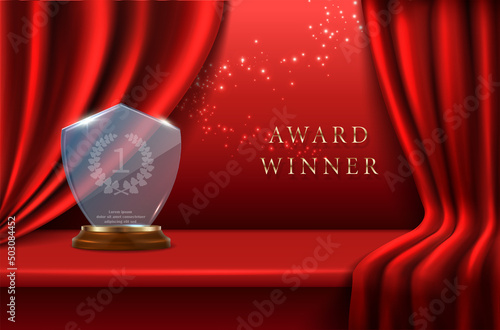 3d realistic vector background. Award nomination winner background with glass trophy with laurel on red velvet drapery stage.