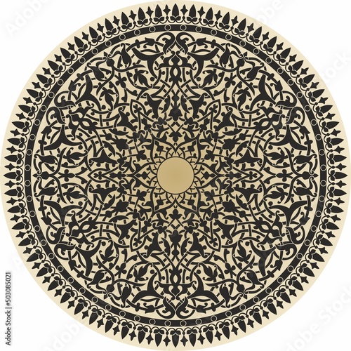 Vector golden arabic national round ornament. Ethnic circle, eastern and african peoples of asia, persia, iran, iraq, syria.