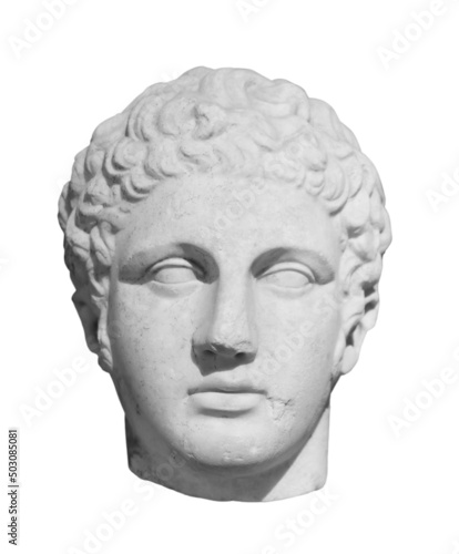 Ancient statue of the antique god of commerce, merchants and travelers Hermes - Mercury. Head sculpture isolated on white background with clipping path
