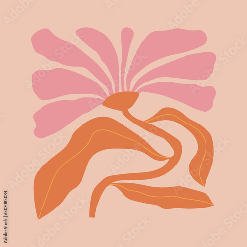Abstract flower poster in groovy trippy funky style. Organic shapes aesthetic wall art in trendy pink pallete. Curvy psychedelic summer floral decoration.