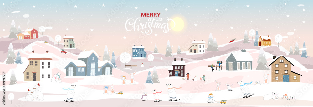 Winter landscape with happy people,polar bear and rabbit playing ice skate in the park,Vector banner Winter wonderland bunny and bear celebrating in forest,Merry Christmas and New year 2023 background