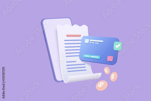 3d pay money with mobile phone banking online payments concept. Bill on smartphone transaction with credit card. Mobile with financial paper on background. 3d bill payment vector icon illustration photo