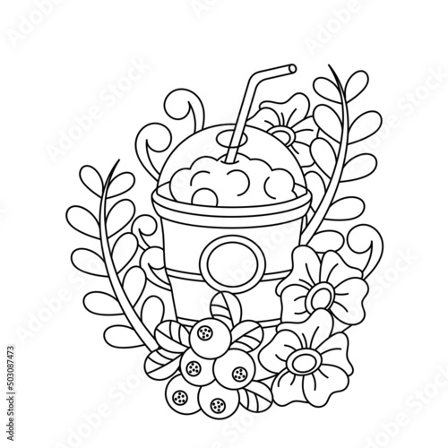Plastic glass with milkshake or Milk iced tea. Coloring book page.