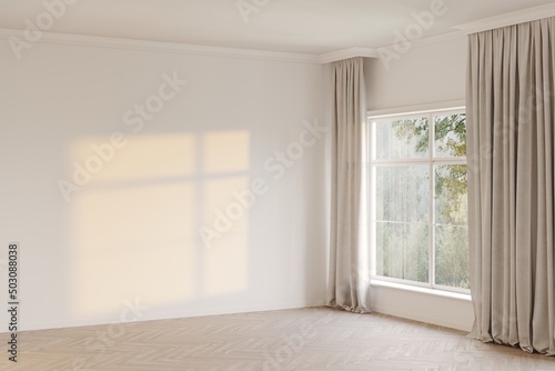 Fototapeta Naklejka Na Ścianę i Meble -  Empty room with wood parquet and a large window overlooking the garden, interior background and 3d render, light and shadow on the white wall	