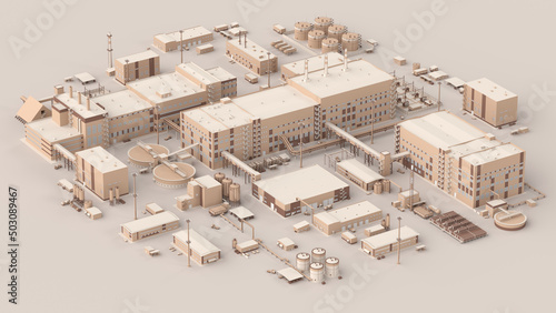 Factory miniature. Isometric industrial buildings, equipment, pipes, tanks. City map elements. Small manufactured buildings in pastel colors. Metallurgical plant. Quiet, soft palette. 3d illustration photo