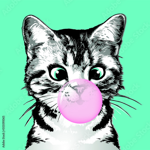 Kitten with bubble gum. Vector illustration.