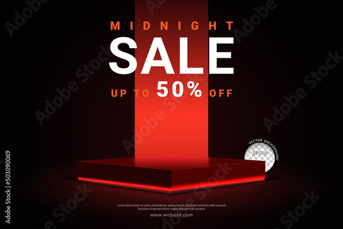 Square podium with red neon background. Concept of design sale banner for product display. Layout horizontal, Vector illustration