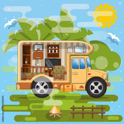 Camper. Side view. Vector illustration.