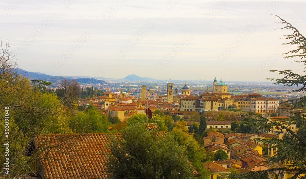 Beautiful panorama of Bergamo from Upper Town (Citta Alta), Italy