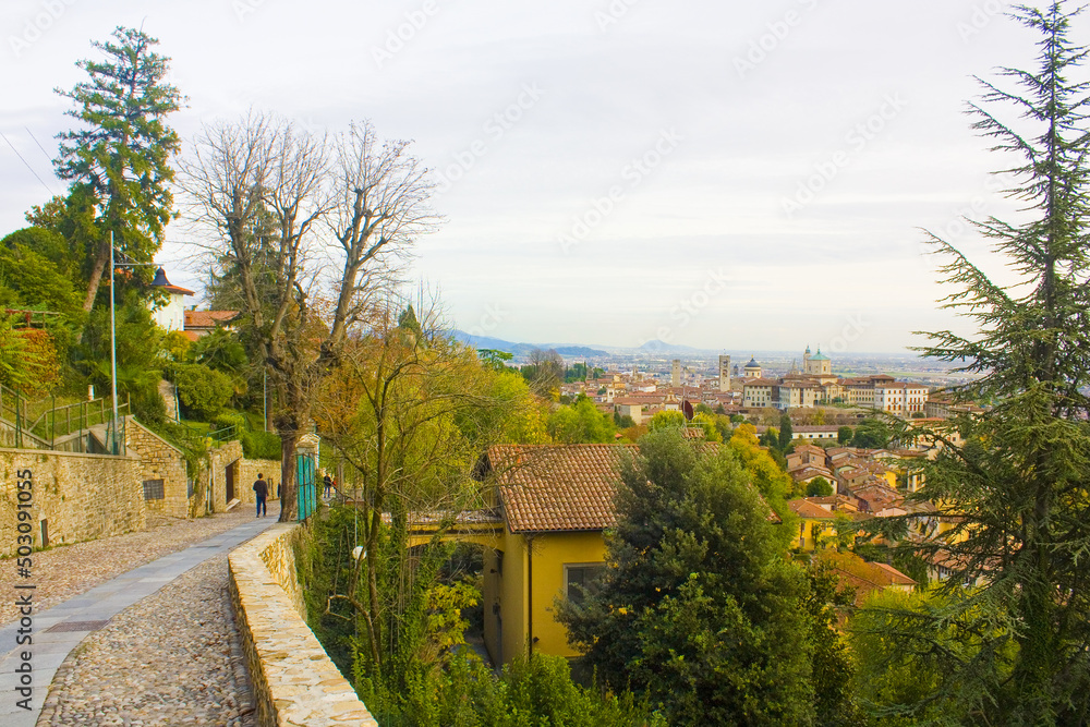 Beautiful panorama of Bergamo from Upper Town (Citta Alta), Italy