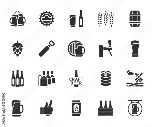 Vector set of beer flat icons. Contains icons pint, hops, malt, brewery, beer mug, keg, draft beer and more. Pixel perfect.