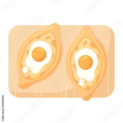 Traditional Adjarian and Georgian dish - khachapuri. Freshly baked flat bread with cheese and egg isolated on white background. Vector hand drawn illustration.