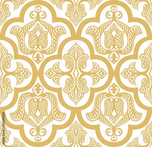 Vector gold seamless arabic ornament. Orange endless arabesque, pattern.
