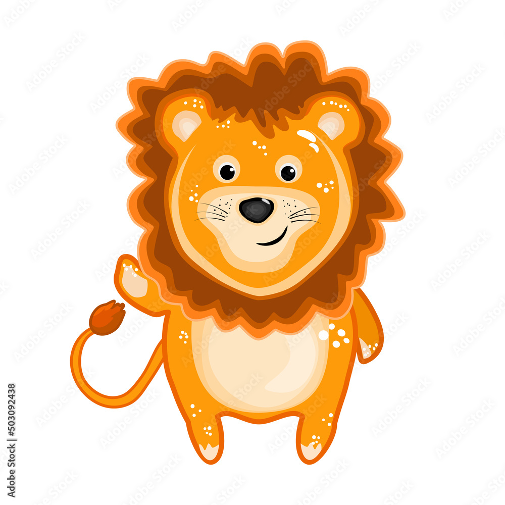 Lion isolated on white background. Funny friendly lion character waving hand and smiling. Safari cartoon lovely leo. Friendly jungle kitty or wildcat mascot. Africa wildlife animal.Vector illustration Lion isolated on white background. Funny friendly lion character waving hand and smiling. Safari cartoon lovely leo. Friendly jungle kitty or wildcat mascot. Africa wildlife animal.Vector illustration