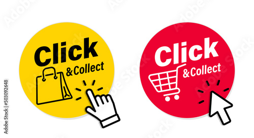 Click and collect icons. Click an collect with computer mouse pointer or mouse. Mouse cursor or Hand pointer. Concept online order or internet shopping. Ecommerce, internet sales and retail