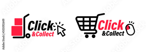 Click and collect icons. Click an collect with computer mouse pointer or mouse. Mouse cursor or Hand pointer. Concept online order or internet shopping. Ecommerce, internet sales and retail photo