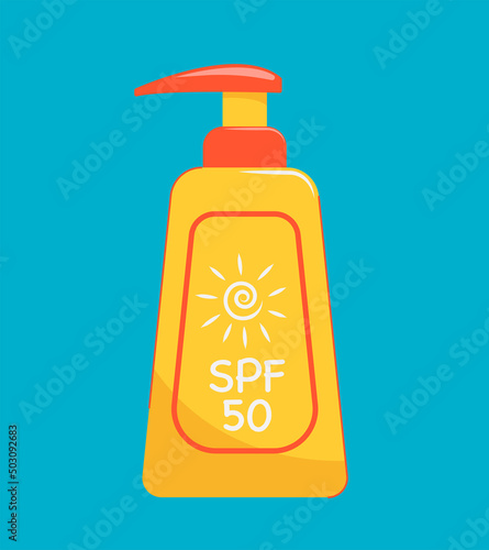 Sun protect lotion for the skin with SPF. Sunscreen care bottle, cosmetics for body. 